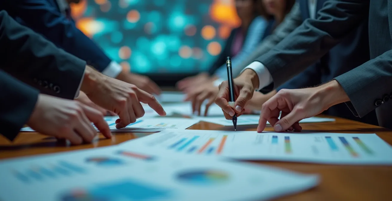 Nahaufnahme von Händen, die auf Geschäftsdokumente zeigen mit unscharfen Datenvisualisierungen im Hintergrund