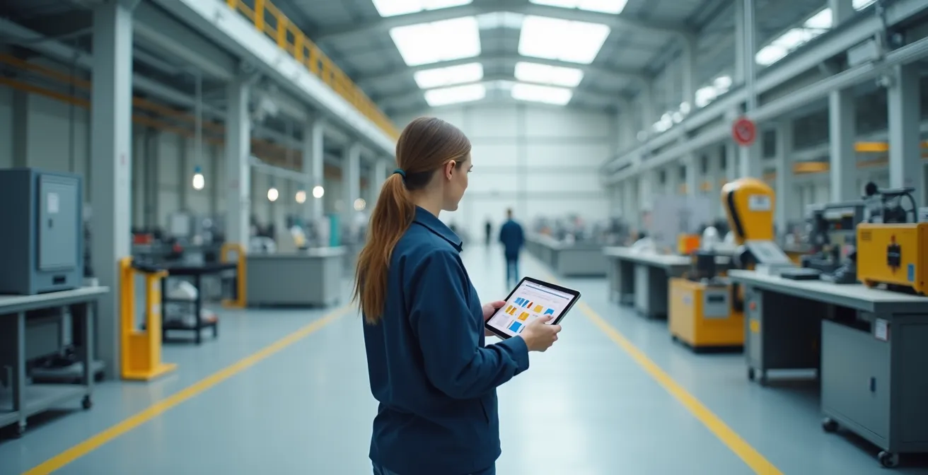 Mitarbeiterin nutzt Tablet mit QM-Software in moderner deutscher Produktionshalle