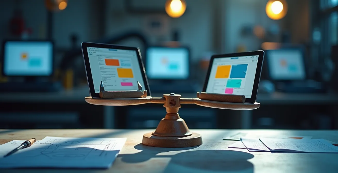 Visuelle Darstellung einer Waage, die traditionelle Ingenieurswerkzeuge mit agilen Elementen wie Sprint-Karten ausbalanciert.