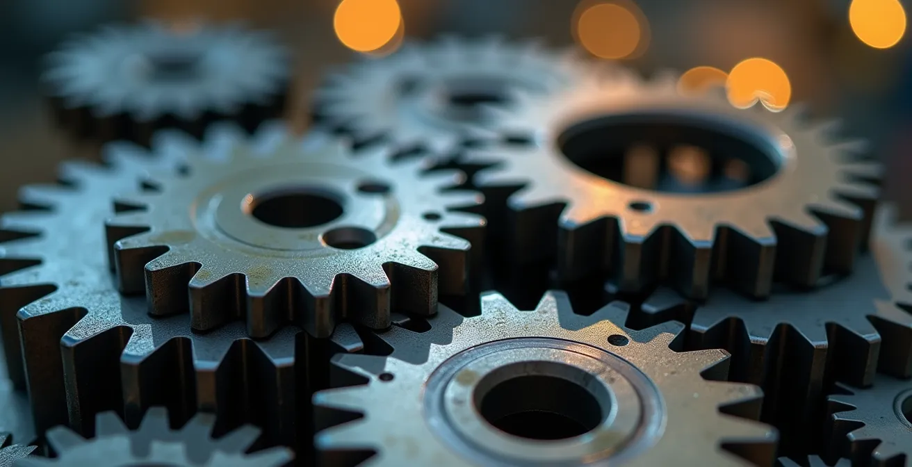 Makroaufnahme von Zahnrädern die ineinandergreifen als Symbol für verzahnte Prozesse
