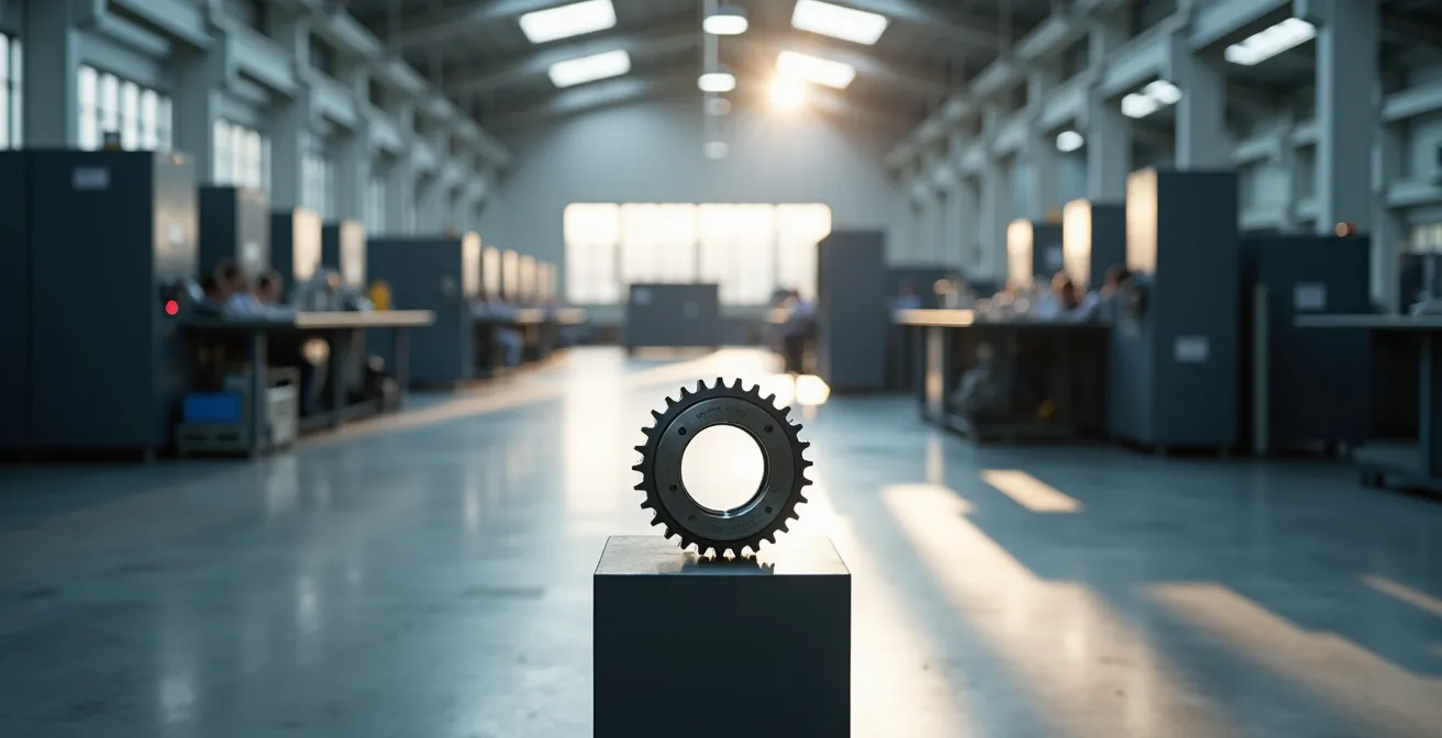 Visualisierung der Qualitäts-Preis-Spirale im deutschen Mittelstand, die ein hochwertiges Zahnrad in einer modernen Produktionshalle zeigt.