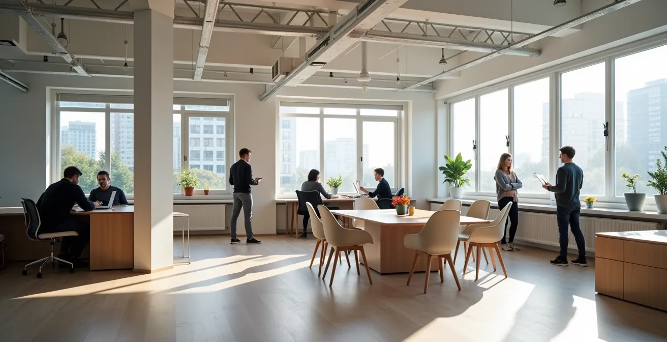 Junge Professionals in flexibler Arbeitsumgebung mit verschiedenen Arbeitszonen