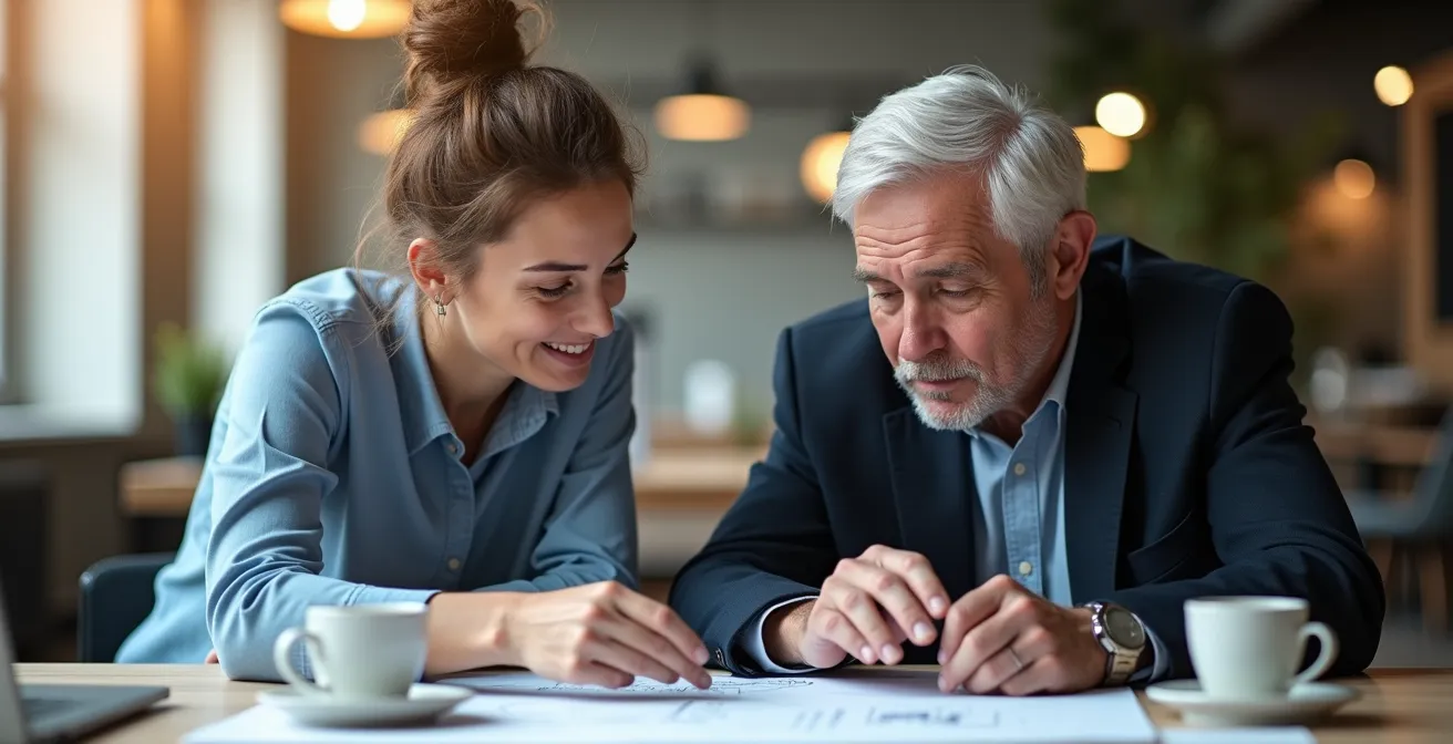 Jüngerer und älterer Mitarbeiter arbeiten gemeinsam an einem Projekt in modernem Büroumfeld