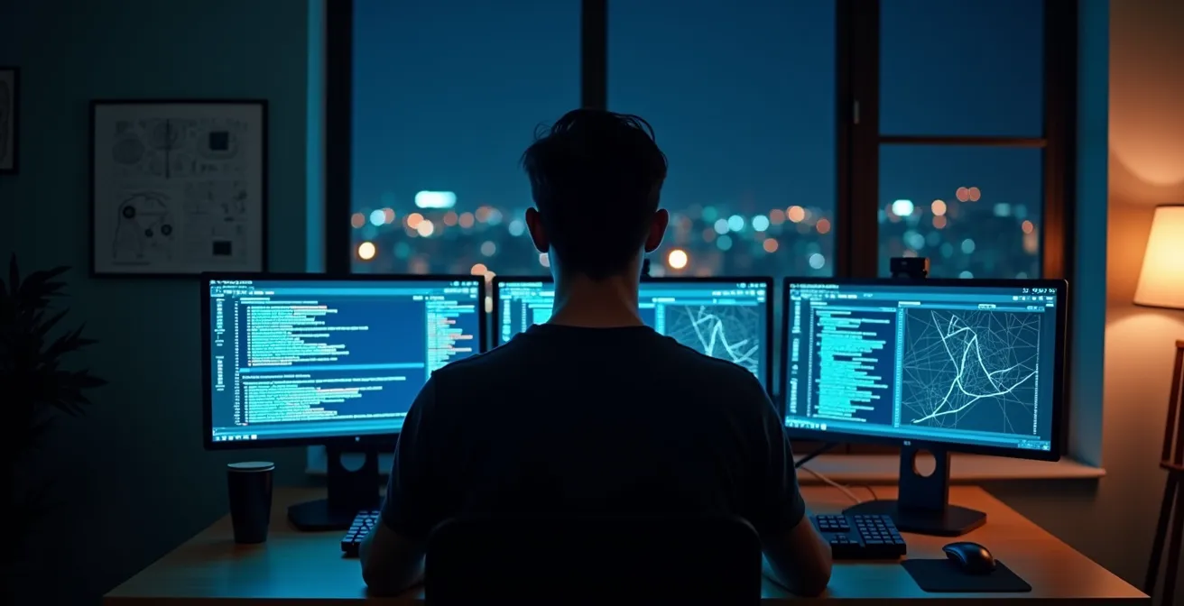 Entwickler arbeitet an Open-Source-Projekt mit verschwommenen Code-Visualisierungen im Hintergrund