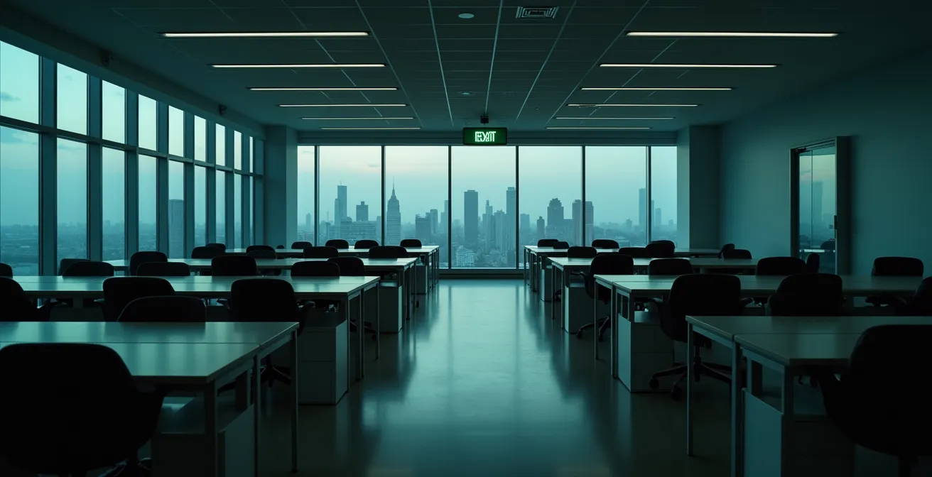 Weitwinkelaufnahme eines leeren Büros mit verlassenen Schreibtischen bei Dämmerung