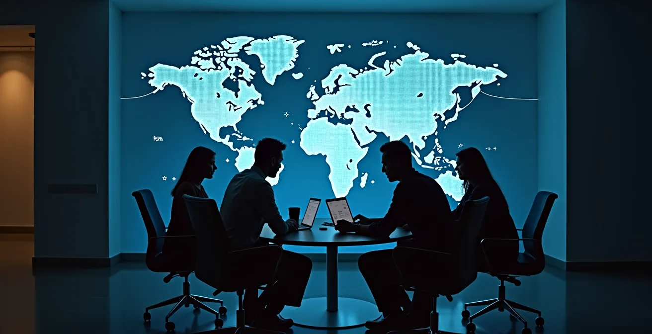 Finanzteam arbeitet an internationaler Konzernkonsolidierung mit Weltkarte im Hintergrund