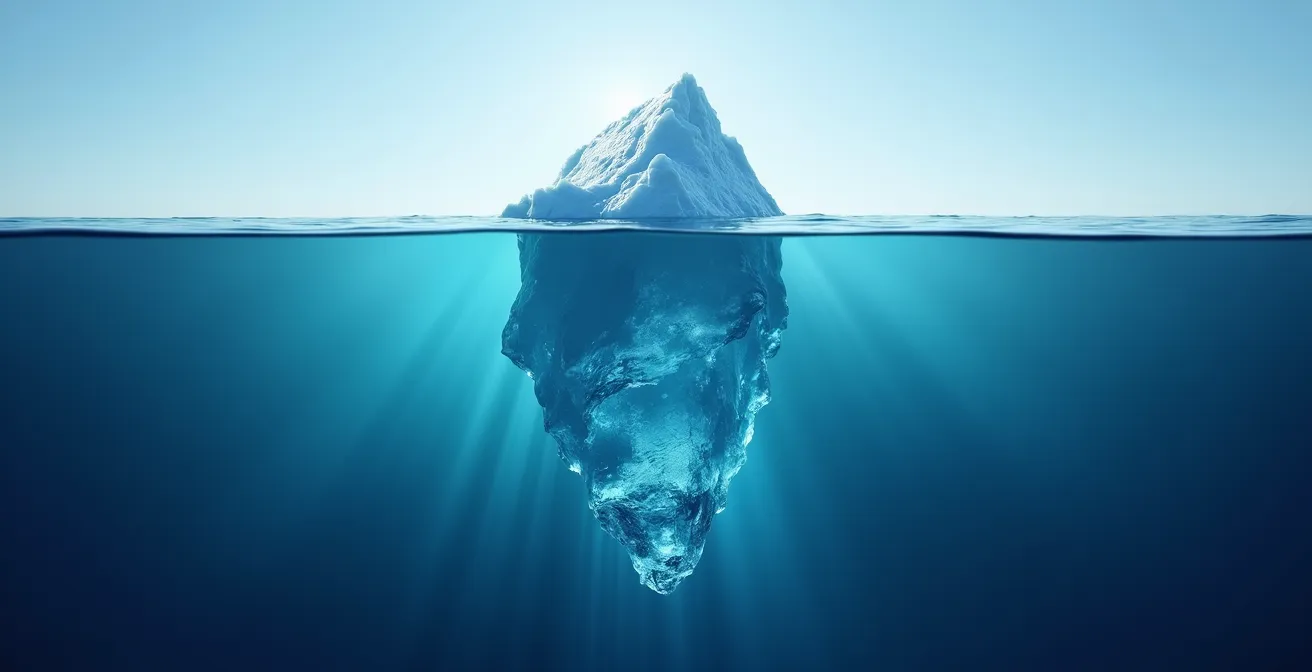 Visualisierung versteckter Kosten in der Unternehmenskalkulation als Eisberg, bei dem die Spitze die sichtbaren und der massive Unterwasserteil die unsichtbaren Kosten darstellt.