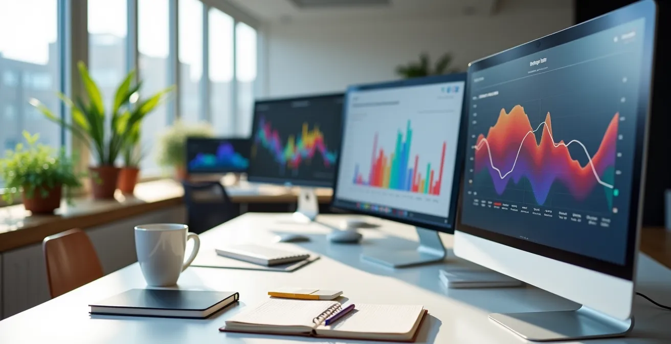 Moderner Arbeitsplatz mit mehreren Monitoren, die Webanalyse-Daten zur Optimierung einer Karriereseite zeigen