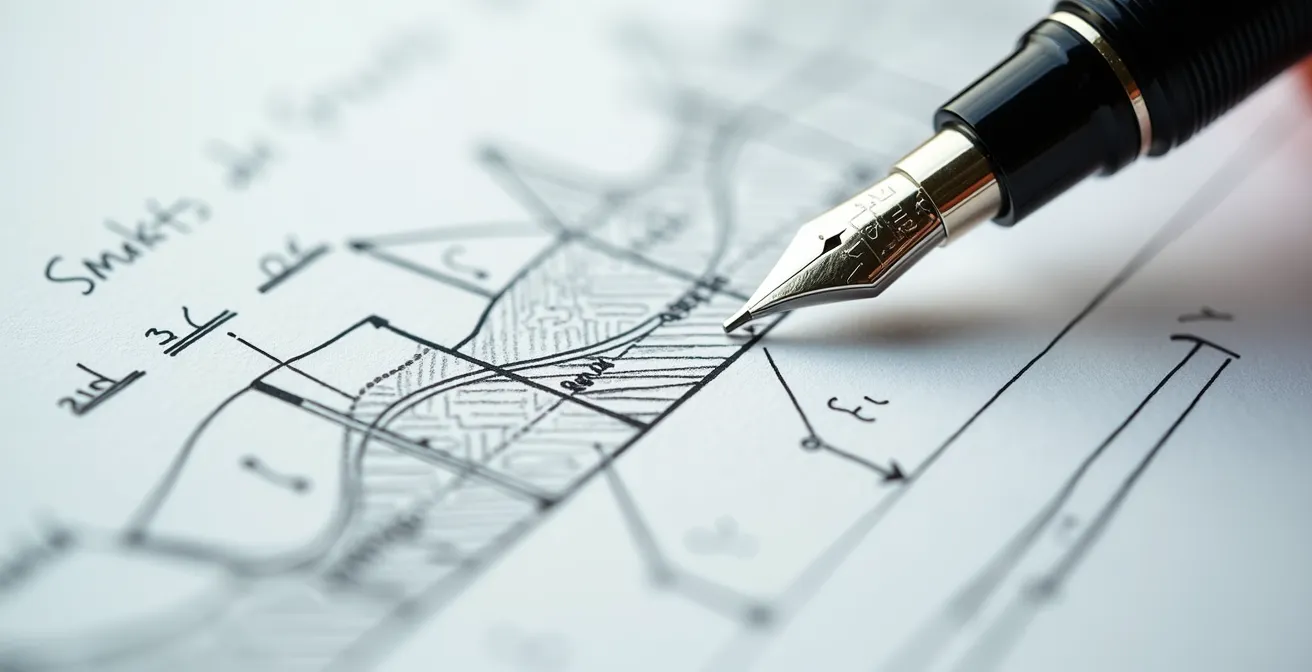 Makroaufnahme von handschriftlichen Geschäftsnotizen mit Fokus auf analytische Struktur und Ursache-Wirkung-Verbindungen