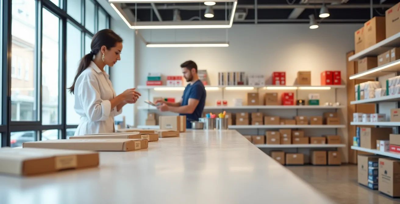 Filialmitarbeiter organisiert Click & Collect Bestellungen in dedizierter Abholstation