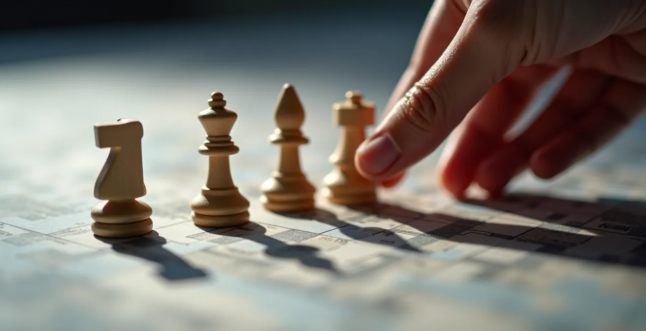 Nahaufnahme einer Hand die Spielfiguren auf einem abstrakten Raster positioniert