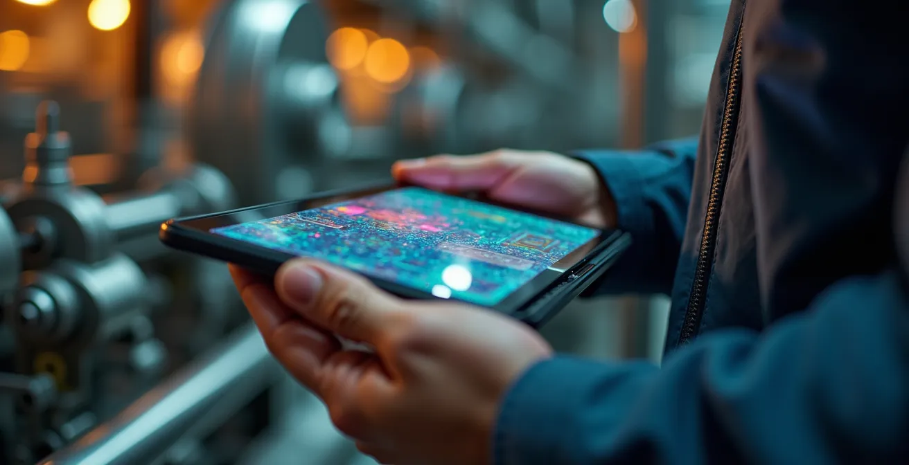 Arbeiter in deutscher Produktionshalle nutzt digitale Checkliste zur Qualitätskontrolle