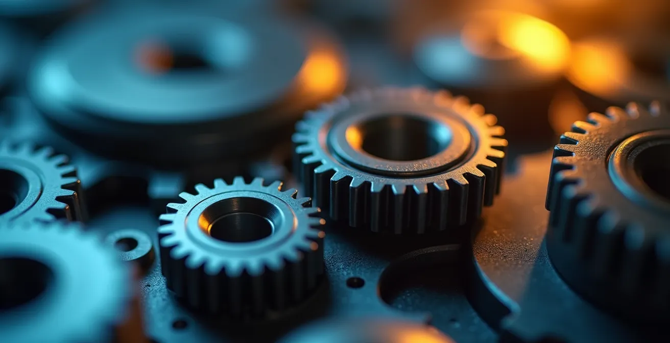 Nahaufnahme von präzisionsgefertigten Metallteilen, die technische Überlegenheit und Vertrauensbildung im B2B-Umfeld symbolisieren.