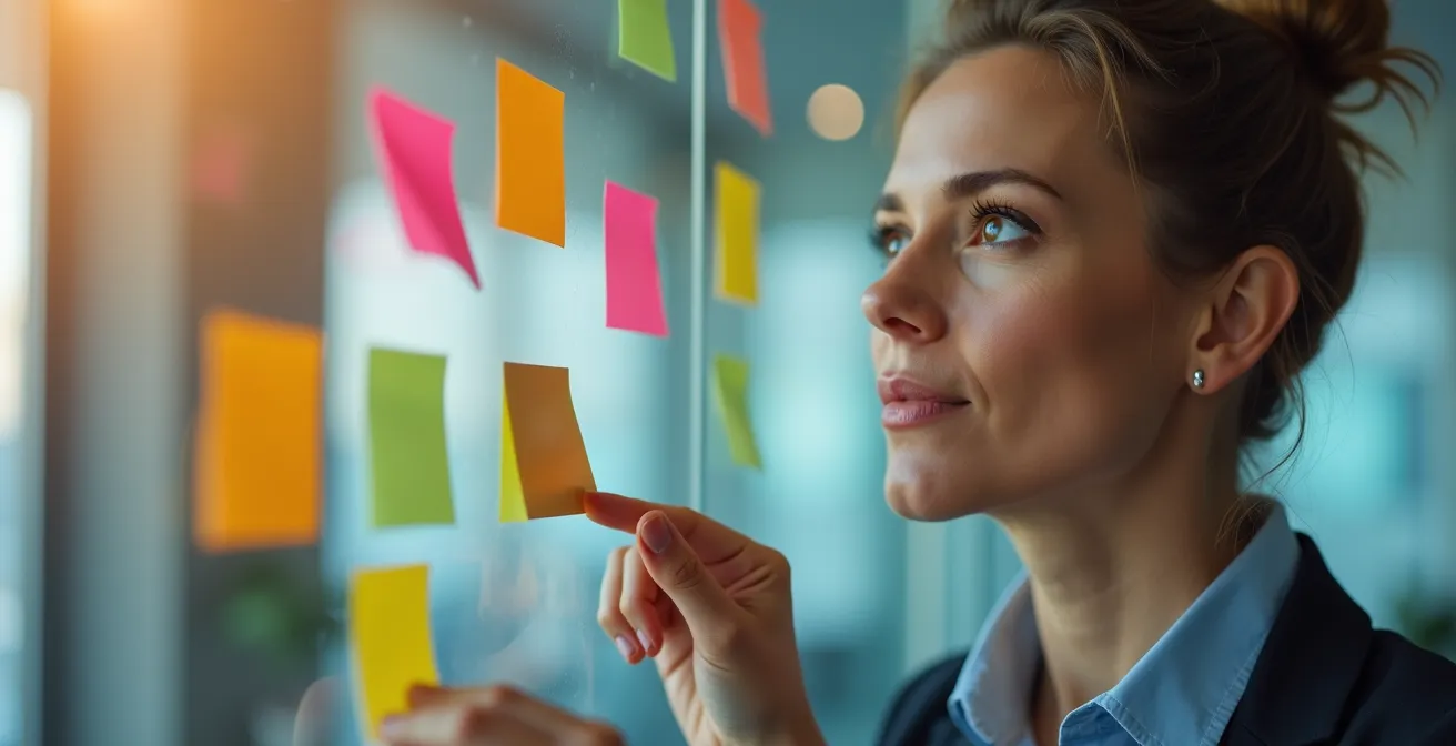 Eine strategische USP-Matrix zur Wettbewerbsdifferenzierung, die von einer fokussierten Person analysiert wird.