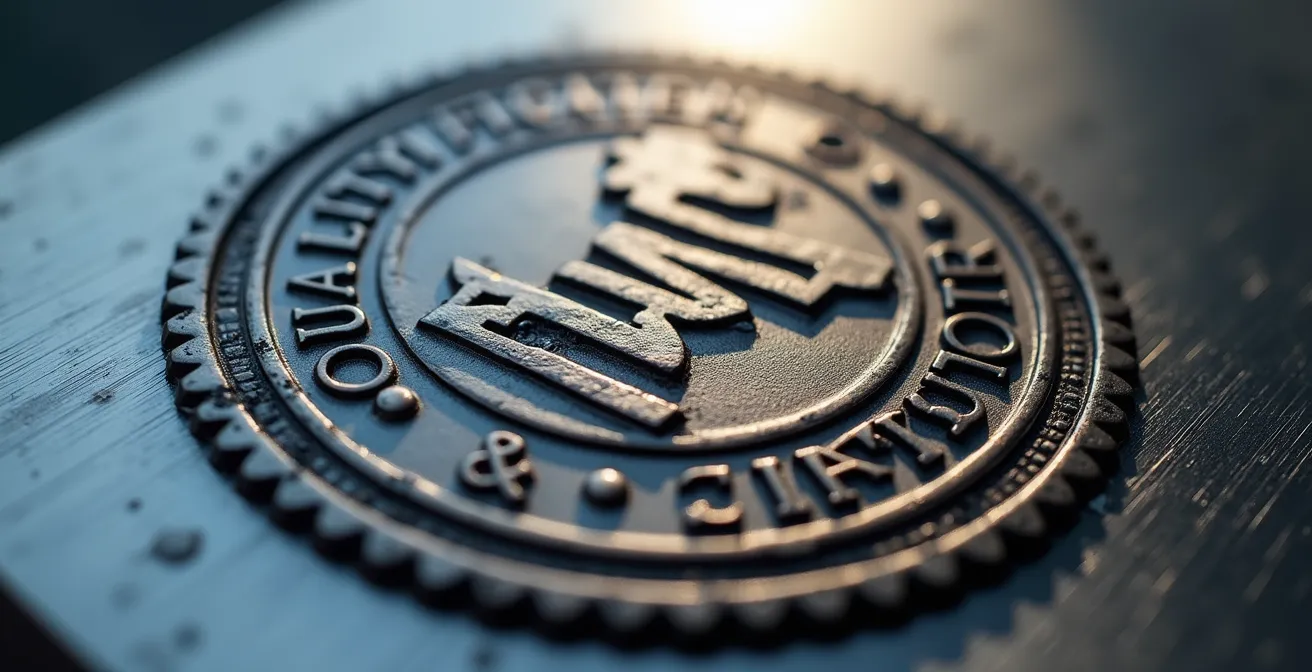 Macro-Aufnahme eines TÜV-Siegels auf metallischer Oberfläche