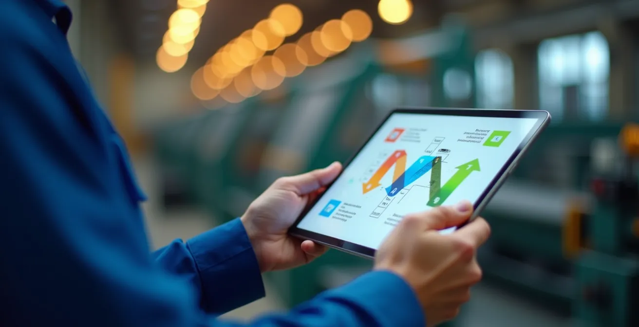 Mitarbeiter nutzt digitale Arbeitsanweisung auf Tablet in Produktionsumgebung