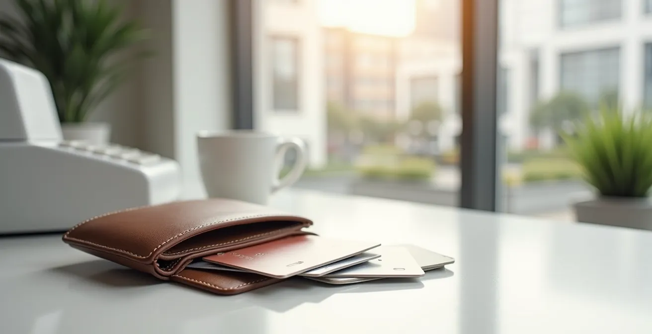 Minimalistisches Büro mit verschiedenen Zahlungsmitteln symbolisch arrangiert