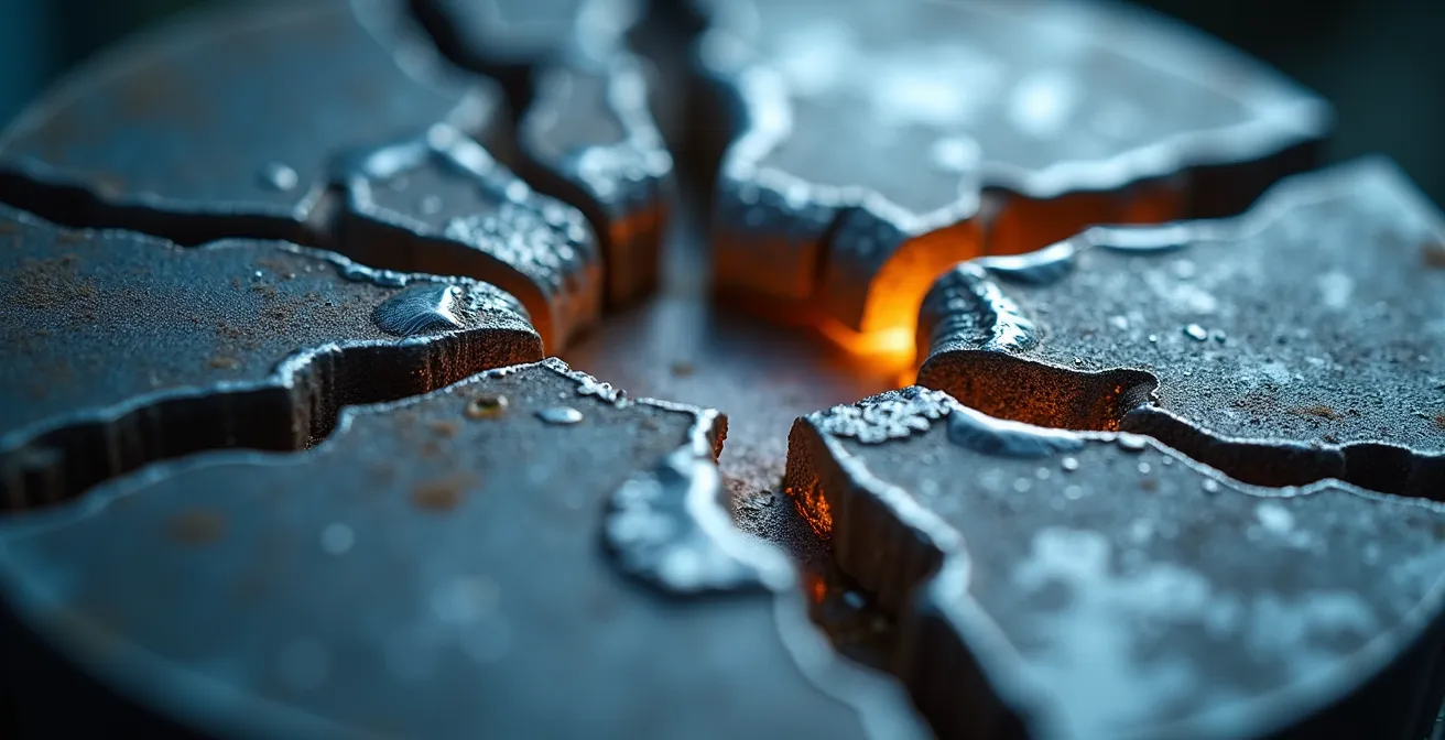 Makroaufnahme eines defekten Industriebauteils neben technischen Prüfunterlagen